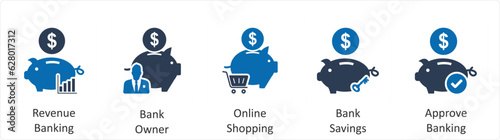 A set of 5 business icons as revenue banking, bank owner, online shopping