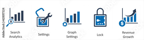A set of 5 business icons as search analytics, settings, graph settings