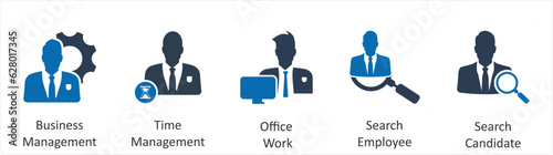 A set of 5 business icons as business management, time management, office work