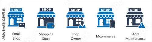 A set of 5 business icons as email shop, shopping store, shop owner