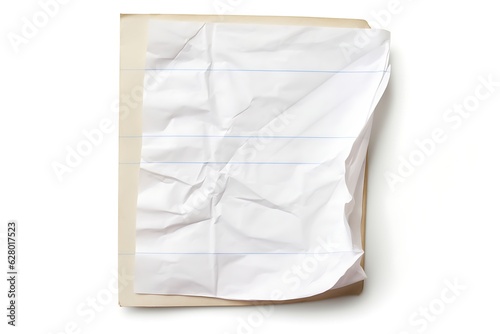 Folded page torn from a spiral note book, folded and looking like if it had been in a bag or pocket for a long time. Background for message overlay. Folded piece of note pad paper. Generative AI