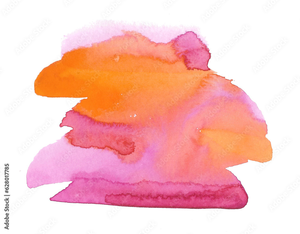 The concept of the sun during sunset. Horizontal mixed watercolor blots of orange and pink. Freehand illustration isolated on white background