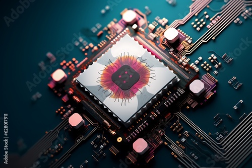 Asian semiconductor industry. Semiconductors and CPU s made in Asia concept. SPU with Asian floral design. Generative AI photo