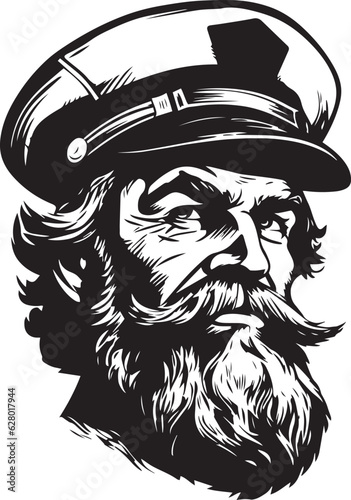 Retro old sailor with beard 60s style old man. Retro comics sailor head, People in retro style, black and white ink drawing, American cartoon advertising illustration, vector, SVG