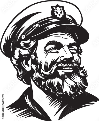 Retro old sailor with beard 60s style old man. Retro comics sailor head, People in retro style, black and white ink drawing, American cartoon advertising illustration, vector, SVG