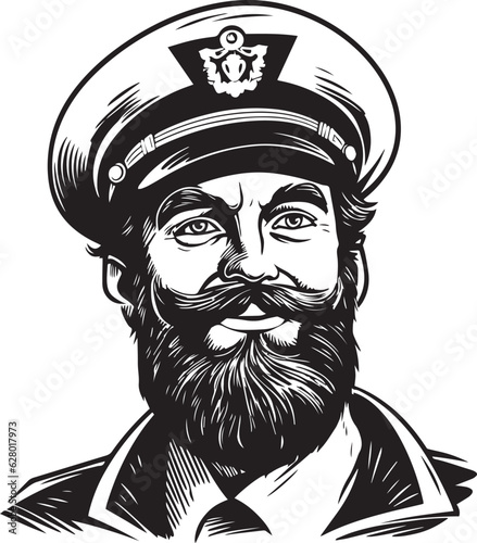 Retro old sailor with beard 60s style old man. Retro comics sailor head, People in retro style, black and white ink drawing, American cartoon advertising illustration, vector, SVG