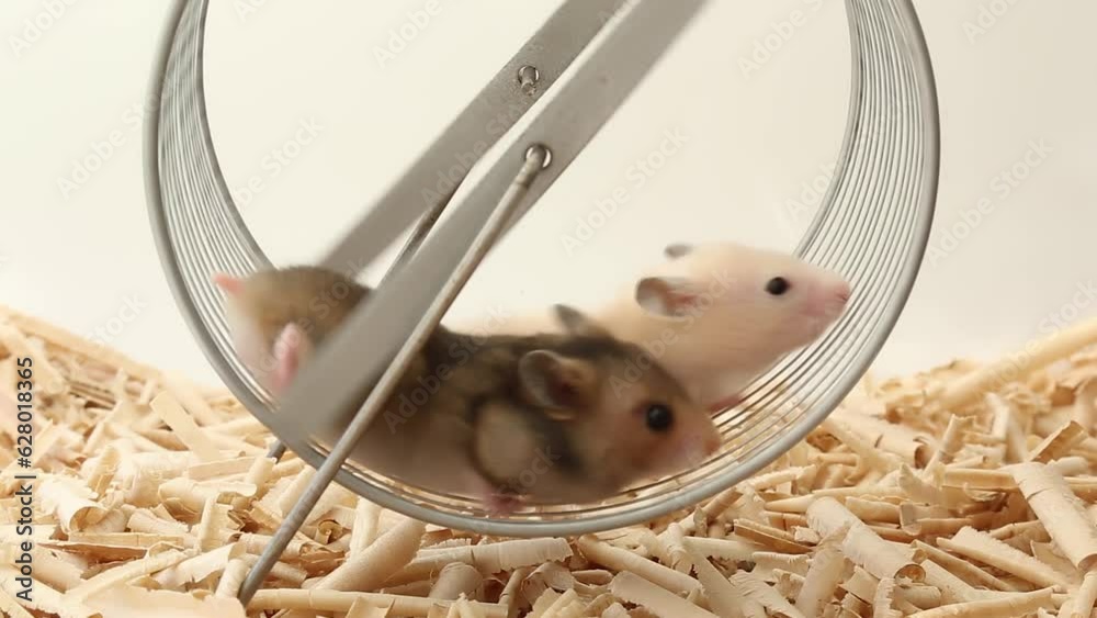 Two hamsters walk together in a wheel.