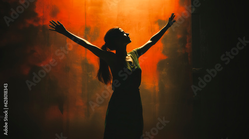 Woman raises his hands to worship and praise God. Christian illustration.