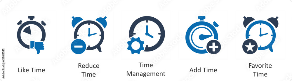 A set of 5 business icons as like time, reduce time, time management A set of 5 business icons as like time, reduce time, time management