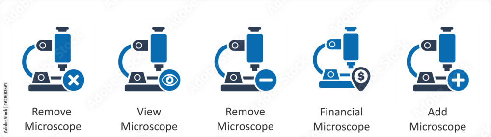 A set of 5 business icons as remove microscope, view microscope, financial microscope