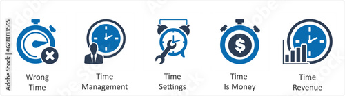 A set of 5 business icons as wrong time, time management, time settings