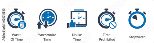A set of 5 business icons as waste of time, synchronize time, dislike time