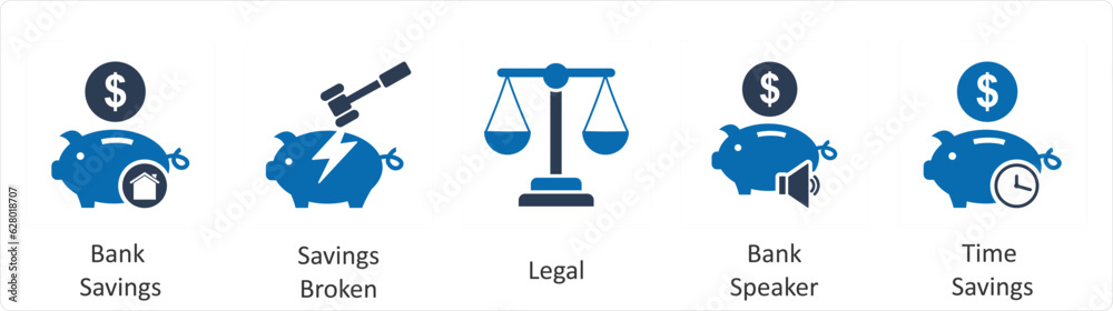 A set of 5 business icons as bank savings, savings broken, legal A set of 5 business icons as bank savings, savings broken, legal
