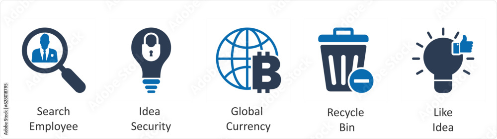 A set of 5 business icons as search empolyee, idea security, global currency A set of 5 business icons as search empolyee, idea security, global currency