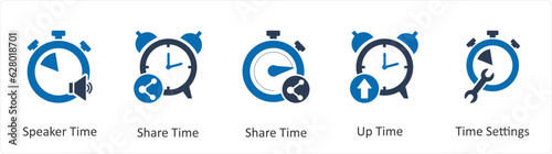 A set of 5 business icons as speaker time, share time, up time