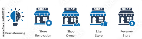 A set of 5 business icons as brainstorming, store renovation, shop owner