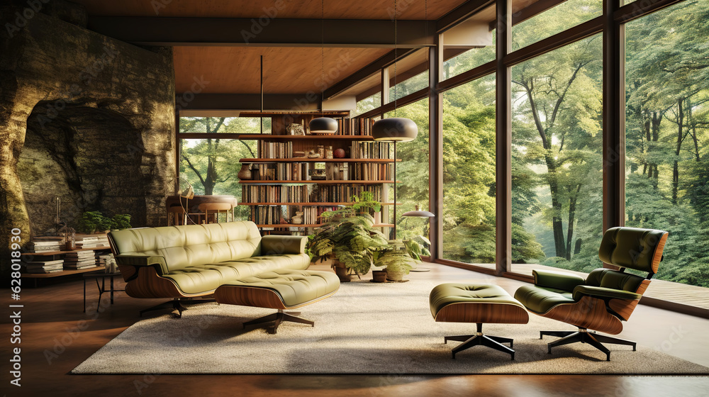 Fototapeta premium Modern room in house surrounded with forest. Large windows, organic architecture. Generative AI