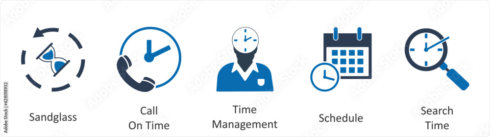 A set of 5 business icons as sandglass, call on time, time management A set of 5 business icons as sandglass, call on time, time management