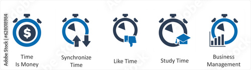 A set of 5 business icons as time is money, synchronize time, like time