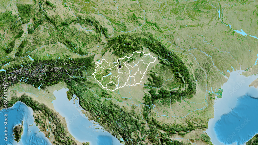 Shape of Hungary with regional borders. Satellite.