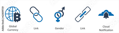 A set of 5 business icons as global currency, link, gender