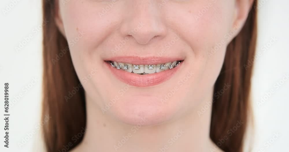 Orthodontic toothbrushes for oral braces care, closeup. Smiling woman