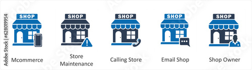 A set of 5 business icons as mcommerce, store maintenance, calling store