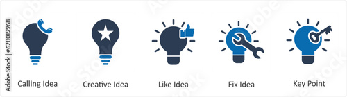 A set of 5 business icons as calling idea, creative idea, like idea