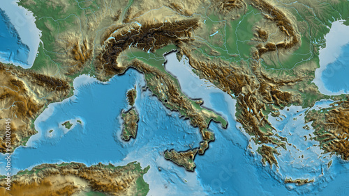 Shape of Italy. Bevelled. Relief. © zelwanka
