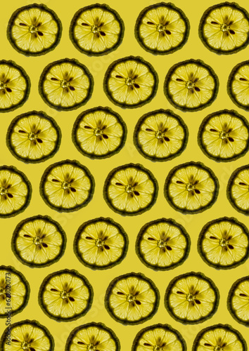 Fresh lemon slices against yellow background forming a beautiful wallpaper texture pattern background.