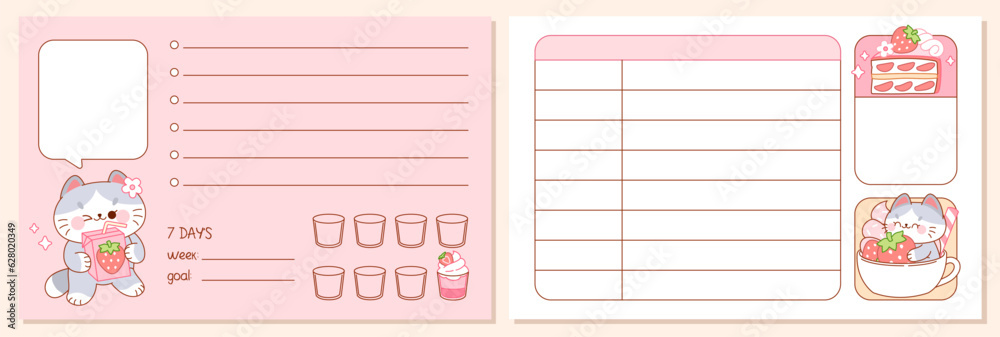 Kawaii Note Pad set with cat and strawberry dessert food. Weekly Plan, To Do List, Check List. Cute Memo Pads, Stationery, Sticky Note for task planning and study. Kawaii Note Pad set with cat and strawberry dessert food. Weekly Plan, To Do List, Check List. Cute Memo Pads, Stationery, Sticky Note for task planning and study.
