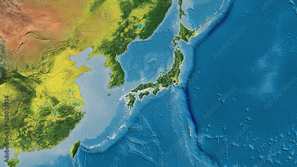 Shape of Japan with regional borders. Topographic.