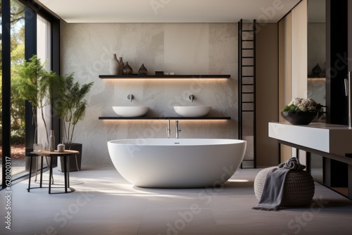 Modern And Sleek Bathroom With Freestanding Bathtub, Generative AI