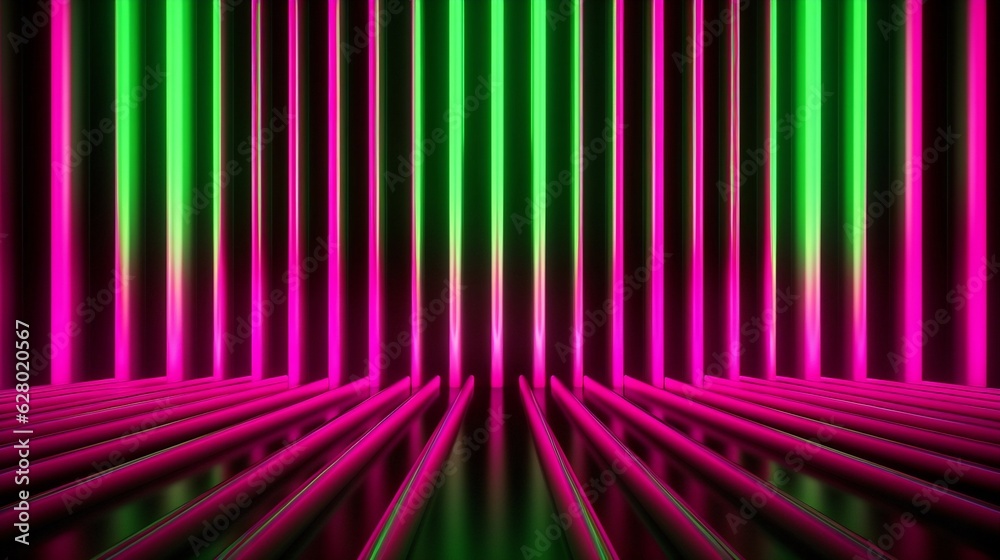Generative AI : Futuristic Sci-Fi Abstract Glowing Neon Green and Hot Pink Neon Light Shapes On Black Background And Reflective Concrete With Empty Space For Text 3D Rendering Illustration