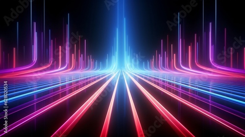 Generative AI : Abstract neon light road background, Neon Fuchsia and Bright Teal neon lines going up