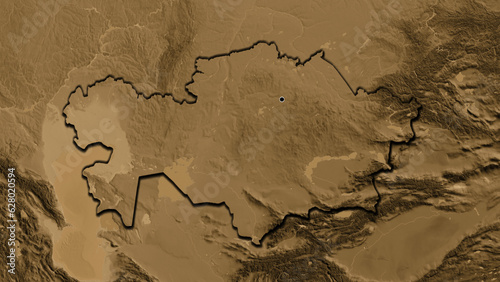 Shape of Kazakhstan. Bevelled. Sepia elevation.