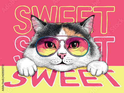  Beautiful calico cat in sunglasses. Realistic sketch. Sweet illustration. Stylish image for printing on any surface