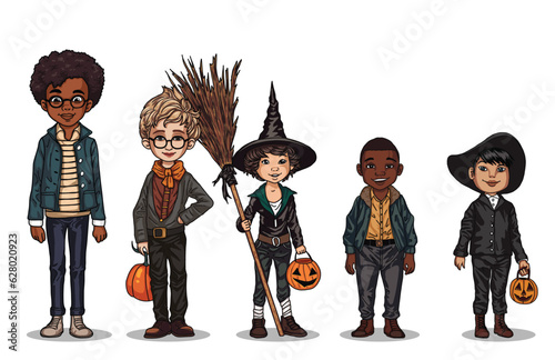 Enchanting Halloween Party - Group of Children Celebrating in Colorful Costumes.halloween illustration vector on white background