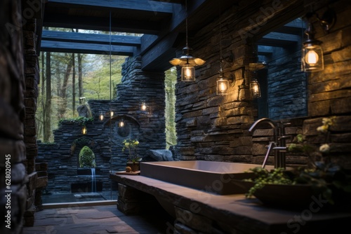 Serene And Spa - Like Bathroom With Nature Design  Generative AI.