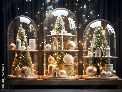 Merry Christmas and Happy New Year. Christmas winter cylindrical shape snow glass ball, transparent dome. Realistic 3d, Generative AI