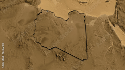 Fototapeta Naklejka Na Ścianę i Meble -  Shape of Libya. Bevelled. Sepia elevation.