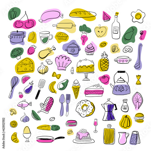 Cooking flat hand drawn illustrations set. Kitchen utensils and appliance design elements. Food preparation color clipart. Ingredients. Sketch kitchenware. Isolated doodle cartoon kitchen
