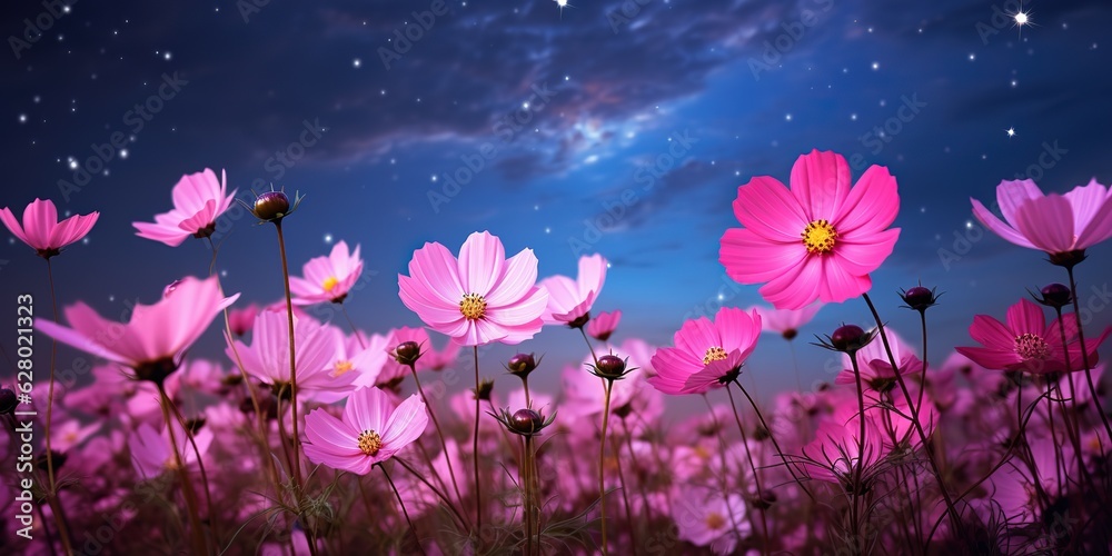 Beautiful pink flower in the garden with night sky and full moon. - obrazy, fototapety, plakaty 