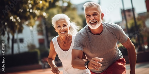 Cheerful active senior couple playing basketball on the basketball court.