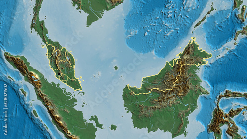 Photography Shape of Malaysia with regional borders. Relief.