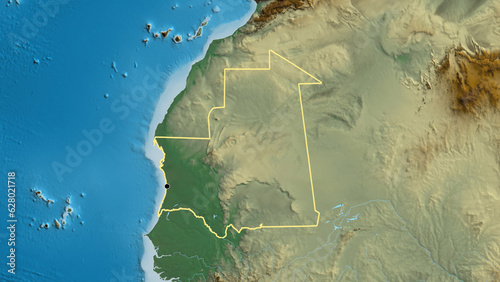 Shape of Mauritania. Outlined. Relief.