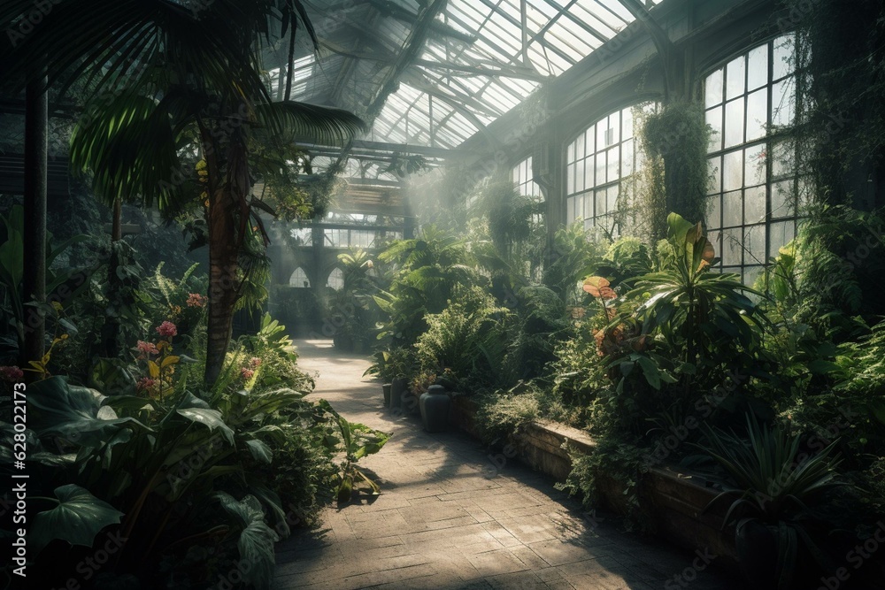 Greenhouse overgrown with lush tropical plants. Generative AI Greenhouse overgrown with lush tropical plants. Generative AI