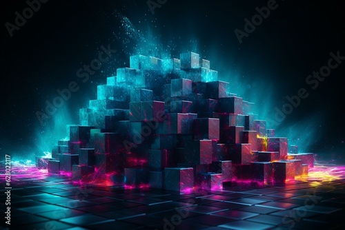 Futuristic neon wave of cubes in 3D abstract design. Generative AI