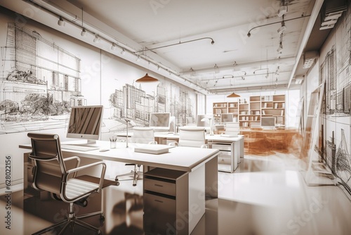 Contemporary office sketch with white furniture & decor, 3D rendered. Generative AI