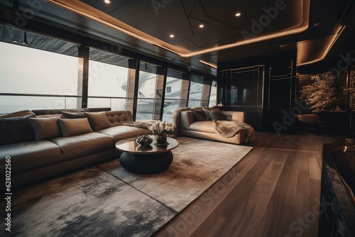 Posh yacht cabin with sea view. Generative AI
